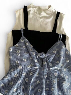 3for 15 Layered Cream & Black Top with Blue Gingham Floral Overlay